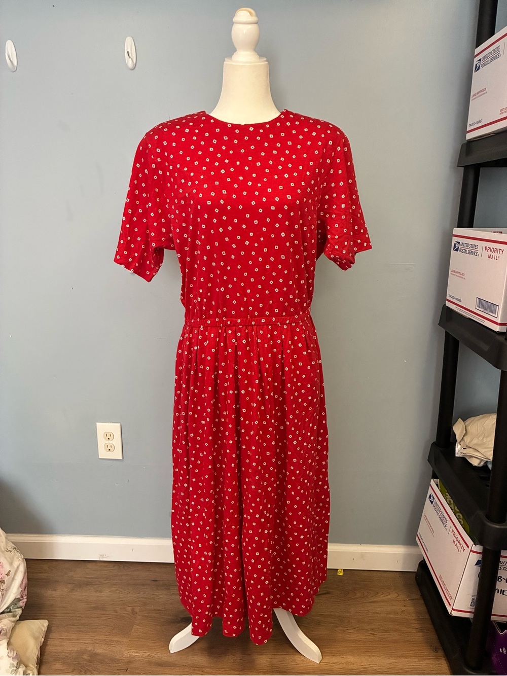 VTG Talbots XL Red/White Geometric Dress with Short Sleeves